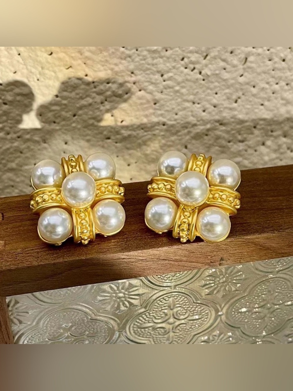 Gold Pearl Cluster Earrings - White Faux Pearls